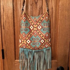 Artisan Fringe Crossbody Bag - Turquoise and Brown